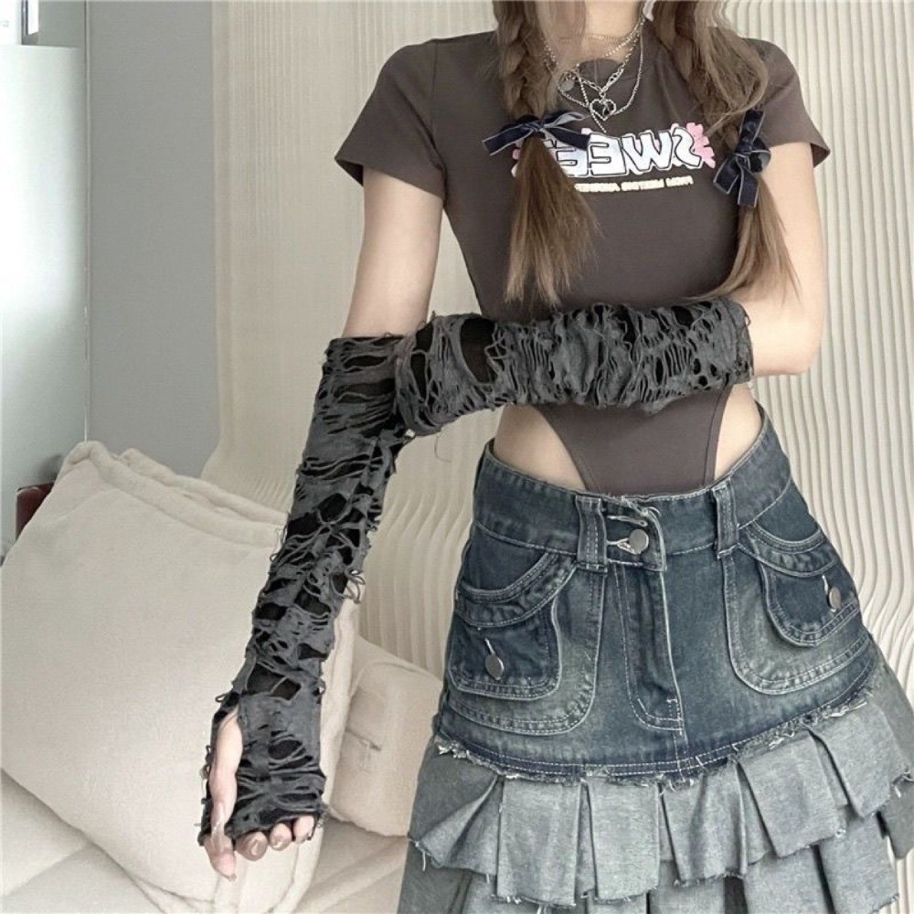 Fingerless Glove Knit - Guanti Lunghi Punk Stile Distressed Scuro,